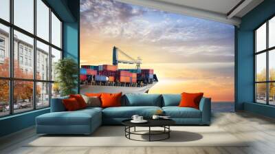 Container cargo ship in the ocean at sunset sky, Global business logistics import export background, Freight transportation, Shipping Wall mural