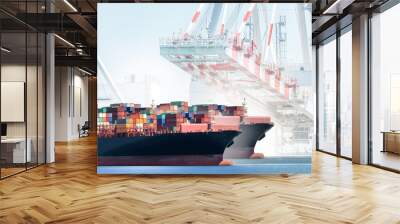 Container Cargo Ship with working crane bridge in shipyard background, Freight Transportation, Logistic Import Export background concept. Wall mural