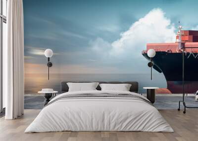 Containers cargo logistics import export transport concept, Big ship in the ocean and container truck at sunset dramatic sky background with copy space, Nautical vessel and sea freight shipping Wall mural