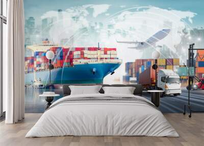 Global business logistics import export and container cargo freight ship during loading at industrial port by tugboat, cargo plane, truck on highway, transport industry concept, Depth blur effect Wall mural