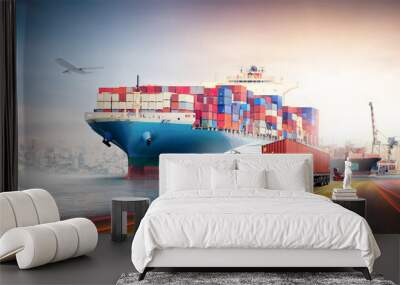 global business logistics import export and container cargo freight ship loading at port by crane, c Wall mural