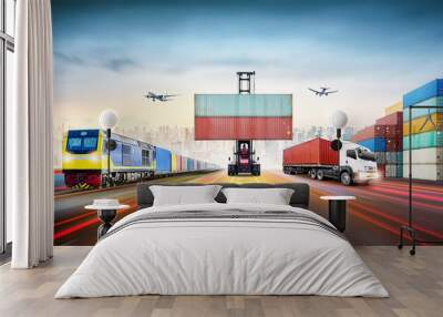 global business logistics import export and container cargo freight train, cargo plane, container tr Wall mural