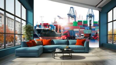 Global business logistics import export of containers cargo freight ship loading at port by crane, container handlers, cargo plane, truck on city background with copy space, transport industry concept Wall mural