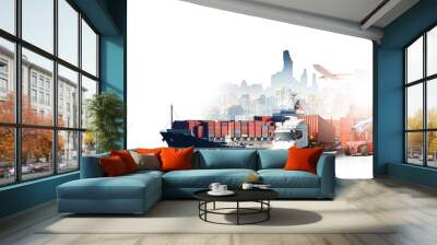 Global business logistics import export of containers cargo freight ship loading at port by crane, container handlers, cargo plane, truck on city background with copy space, transport industry concept Wall mural