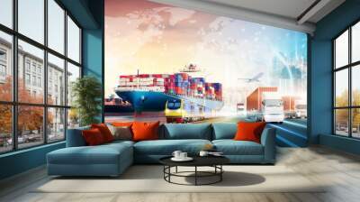 Global business logistics technology network distribution on world map background, Smart logistics import export and transportation industrial concept of container cargo freight ship, Truck on highway Wall mural