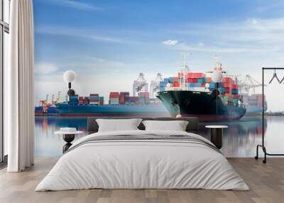 International Container Cargo ship with working crane bridge in shipyard background, logistic import export background and transport industry. Wall mural