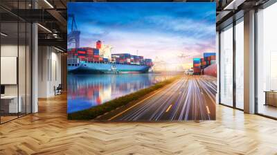 Logistics and transportation of International Container Cargo ship and cargo plane in the ocean at twilight sky, Freight Transportation, Shipping Wall mural