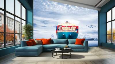 Logistics and transportation of International Container Cargo ship and cargo plane in the ocean at twilight sky, Freight Transportation, Shipping Wall mural