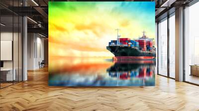 Logistics and transportation of International Container Cargo ship in the ocean at sunset time, Freight Transportation, Shipping, Nautical Vessel Wall mural