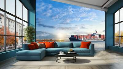 Logistics and transportation of International Container Cargo ship in the ocean at twilight sky, Freight Transportation, Shipping Wall mural