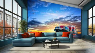 Logistics and transportation of International Container Cargo ship in the ocean at twilight sky, Freight Transportation, Shipping Wall mural