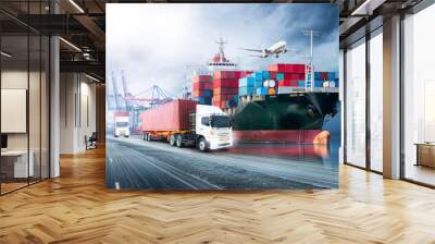 Logistics import export background and transport industry of Container Cargo freight ship at sunset sky Wall mural