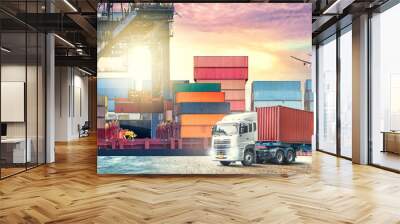 Logistics import export background and transport industry of Container Cargo ship and Cargo plane with working crane bridge in shipyard at sunset sky Wall mural