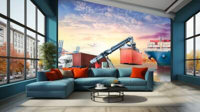 Logistics import export background and transport industry of Container truck and Cargo ship in seaport at sunset background Wall mural