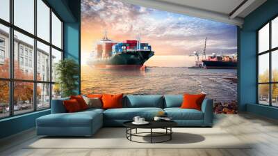 Logistics import export background of Container Cargo ship in the ocean st sunset sky, Freight Transportation Wall mural