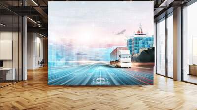 Smart Logistics Digital Marketing Technology Concept, Double Exposure Polygon Wireframe of Container Cargo Freight Ship, Plane, Truck, Growth Graph, Modern Future Import Export Transport Background Wall mural