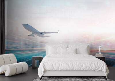 Technology digital future of commercial air transport concept, Airplane taking off from airport runway on city skyline and world map background with copy space, Moving by speed motion blur effect Wall mural