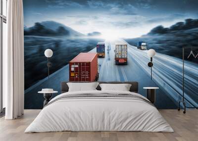 Truck Transport and Logistics Cargo Freight Import Export Concept, Truck with Red Container run on highway road at sunset sky at motion blur, Aerial view, Transportation industry background Wall mural