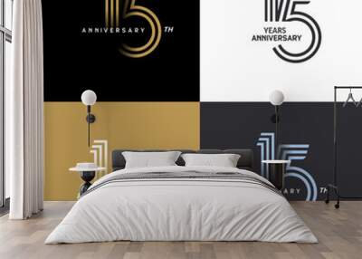 15 years anniversary vector number icon, birthday logo label, black, white and colors stripe number Wall mural