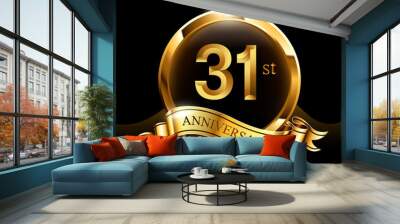 31 years golden anniversary logo celebration with ring and ribbon. Wall mural