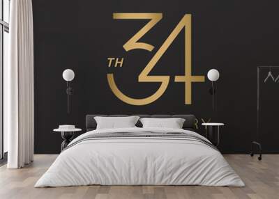 34th anniversary celebration logotype with elegant number shiny gold Wall mural