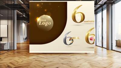 6th anniversary logotype modern gold number with shiny ribbon. alternative logo number Golden anniversary celebration Wall mural