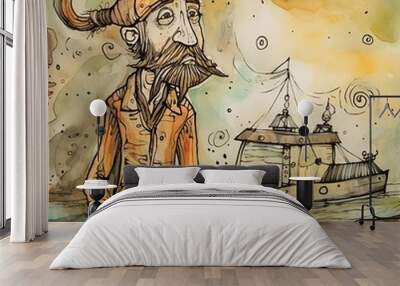 Psychedelic Watercolor pirate Wall mural