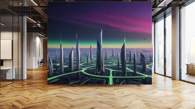 Produce a futuristic cityscape with a gradient from neon green to dark purple.