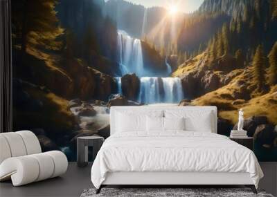 Photo majestic magical fantasy landscape with mountains river waterfall sun rays 3d Wall mural