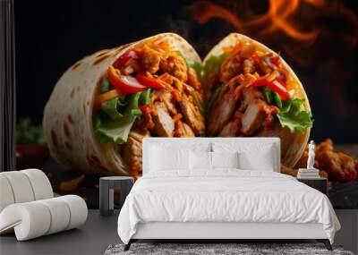 Generative AI, a burrito with meat and vegetables on a cutting board with a knife and chili peppers on the side, professional food photography, a stock photo, hyperrealism
 Wall mural