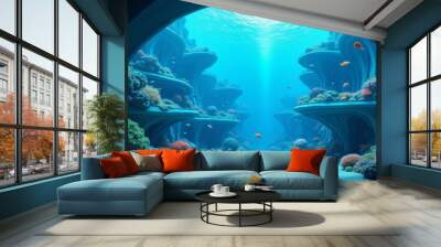 Generative AI, a underwater scene with a large aquarium and corals and fish in it's water tank, with a fish swimming in the water, 3 d render, a matte painting, fantasy art
 Wall mural