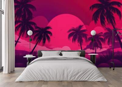 Sunset with palm trees, nature, beach, illustration, vector Wall mural