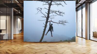 Young man hanging from a leaning tree on a foggy day in Basque Country coast Wall mural