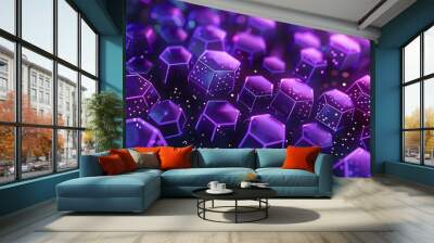 3D render of purple hexagons with neon lights as wallpaper Wall mural