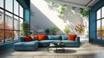 3D rendering of a beautiful garden courtyard with white walls and potted plants. Wall mural