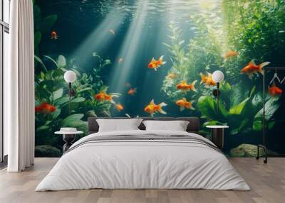 A beautiful fish tank aquarium with lush green plants and orange goldfish swimming among the water plants. Wall mural