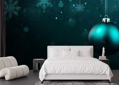 A dark teal background with hanging snowflakes and two large, matte-finish Christmas ornaments on the left side of the banner. Wall mural