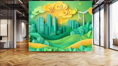 A fusion of paper art, depicting a background of green energy, wind power, and a sustainable environment concept with a city landscape. Wall mural