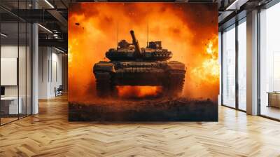 A heavy tank, year of driving on the battlefield in an epic scene with explosions and fire all around it. Wall mural