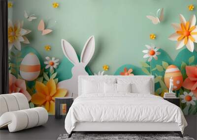 A paper art background for easter with egg and flower rabbit, copy space in the middle, vibrant color palette Wall mural