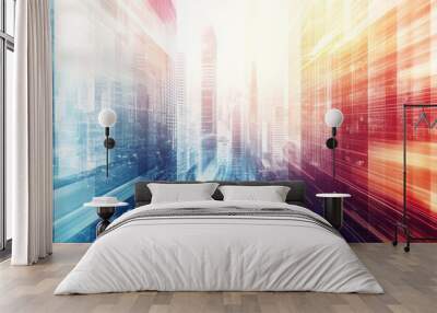 Abstract background of a modern city with blurred light lines and a speed effect on a white Wall mural