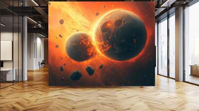 An alien planet landscape with two moons, featuring red and orange colors, a space dust storm, a dark sky, stars, and a black hole in the background. Wall mural