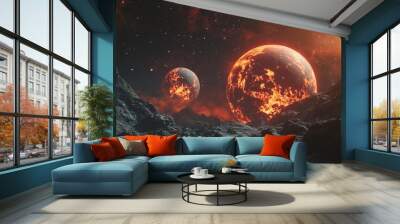 An alien planet landscape with two moons, featuring red and orange colors, a space dust storm, a dark sky, stars, and a black hole in the background. Wall mural