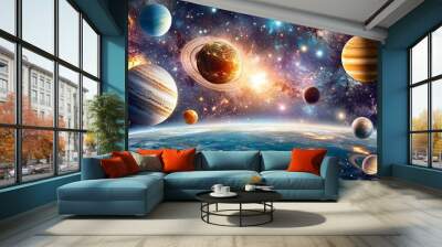 Beautiful space background with planets of the solar system and galaxy. Wall mural