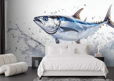 Beautiful tuna fish jumping out of the water with splashes, isolated on a white background. Wall mural