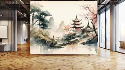 Chinese ink landscape painting created digitally Japan traditional sumi-e painting. Indian ink illustration. Japanese picture. Sakura and mountains background Wall mural