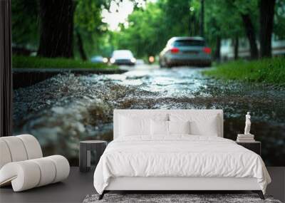 Close-up of water flowing from the street after heavy rain, trees and cars in the background Wall mural