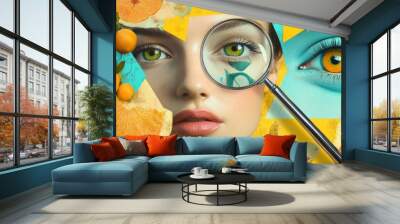 colorful elements beautiful woman's face Bright eye makeup and lipstick Magnifying glass on the right side of the element Wall mural