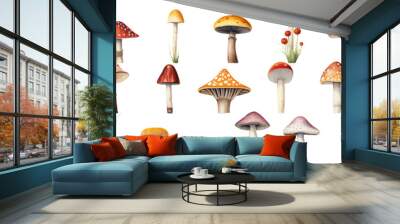 colorful illustrations of mushrooms in watercolor, in the style Wall mural