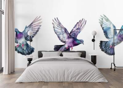 Cute watercolor pigeon flying isolated on white background. Wall mural